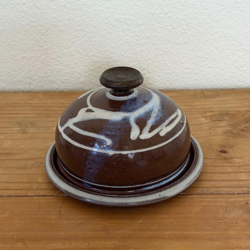 Studio Pottery Butter Dish Cheese Dome Handmade Stoneware Brown Drip Glaze
